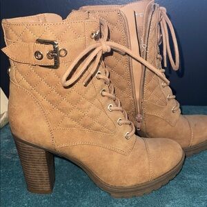 Tan Quilted Lace-Up Ankle Boots